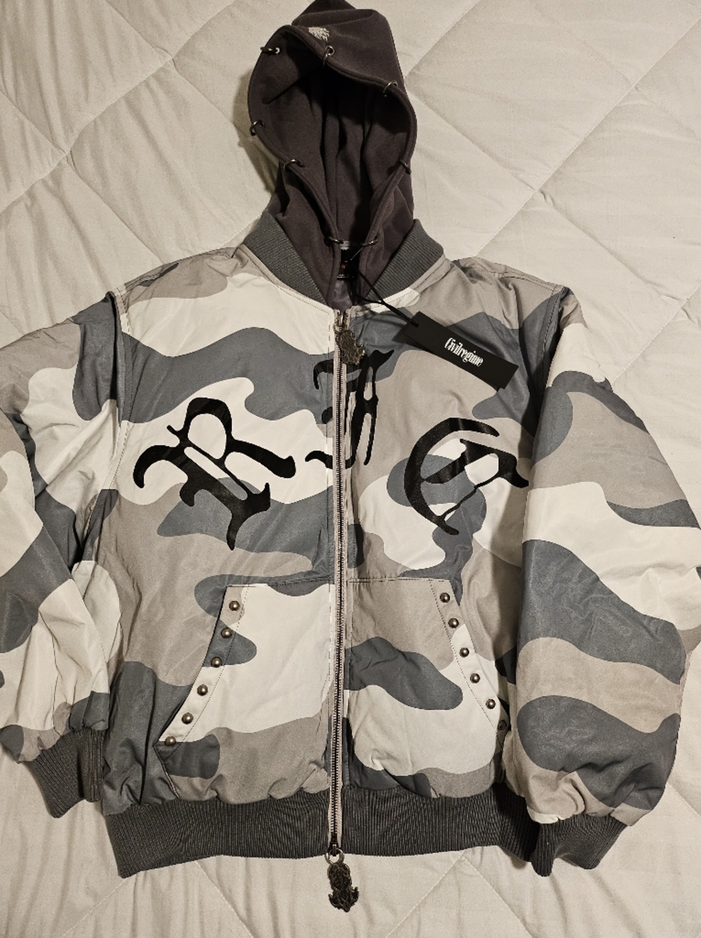Civil Regime Gray Camo Bomber Jacket with Hood
